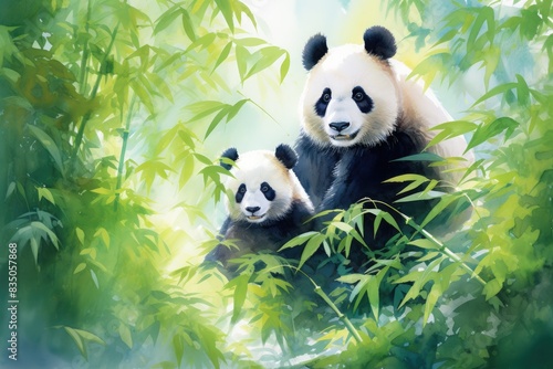 a painting of two pandas in a tree, A serene watercolor painting of a mother panda with her cub in a lush bamboo forest