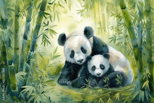 a painting of a panda bear and her cub  A serene watercolor painting of a mother panda with her cub in a lush bamboo forest