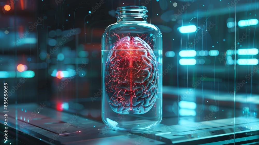 Holographic Brain Neural Network in Futuristic Vial. Holographic Brain Neural Network in Futuristic Vial.