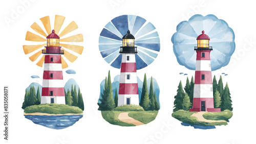 Watercolor Lighthouse Set Vector Illustration on Transparent Background	