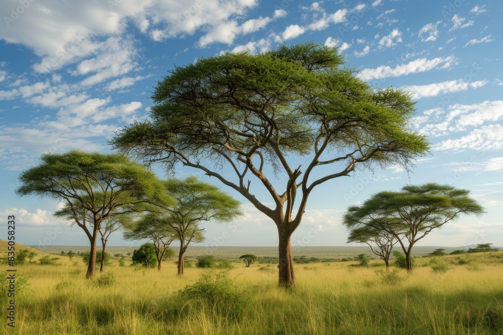 a field with some trees and a mountain in the background, A sprawling savanna landscape with groups of large acacia trees a field with some trees and a mountain in the background, A sprawling savanna landscape with groups of large acacia trees