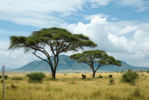 a field with some trees and a mountain in the background, A sprawling savanna landscape with groups of large acacia trees