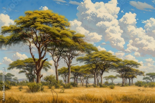 a field with some trees and a mountain in the background  A sprawling savanna landscape with groups of large acacia trees
