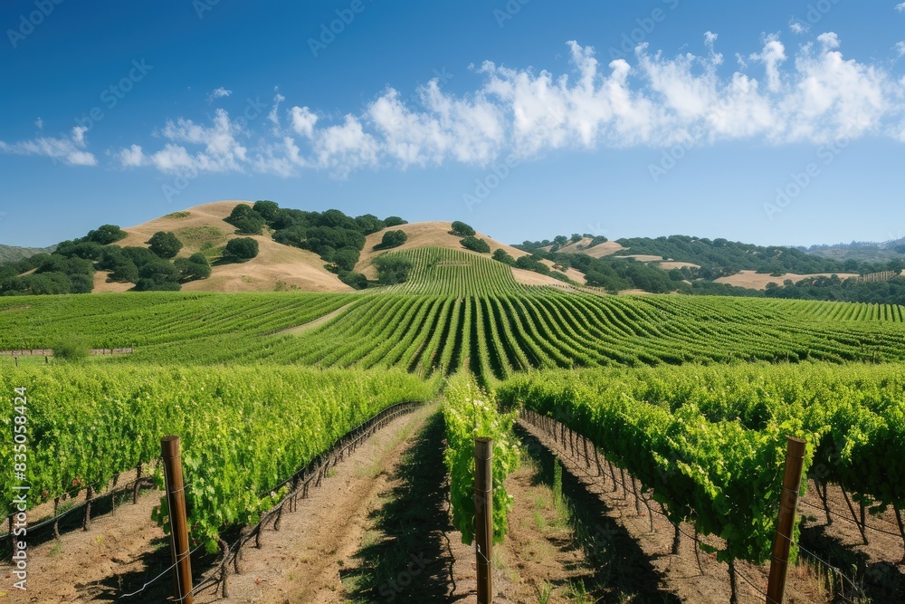 a vineyard field with a sunset in the background, A sunny vineyard set against a backdrop of a small hill a vineyard field with a sunset in the background, A sunny vineyard set against a backdrop of a small hill