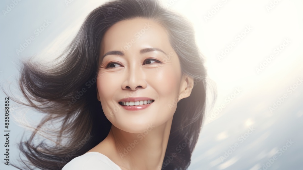 Fototapeta premium An Asian woman in her 50s with beautiful skin and a bright smile