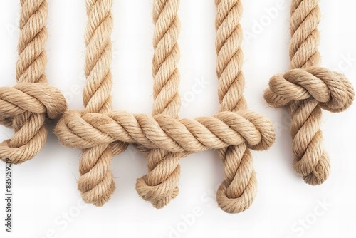 Featuring a photo of thick isolated beige ropes with a knot at the end against a white background, taken from a top view.