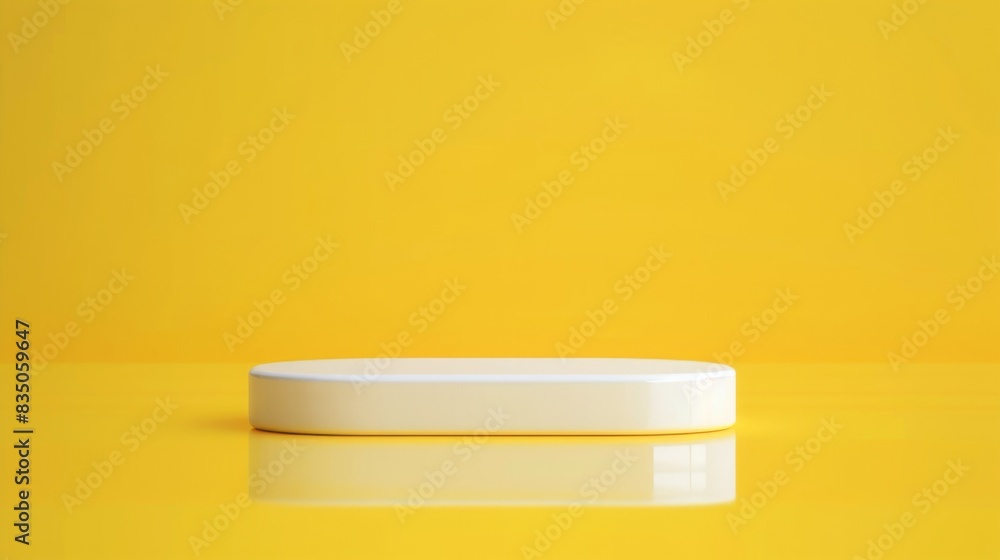 A minimalistic white platform placed on a reflective yellow surface with a solid yellow background in a studio setting. A minimalistic white platform placed on a reflective yellow surface with a solid yellow background in a studio setting.