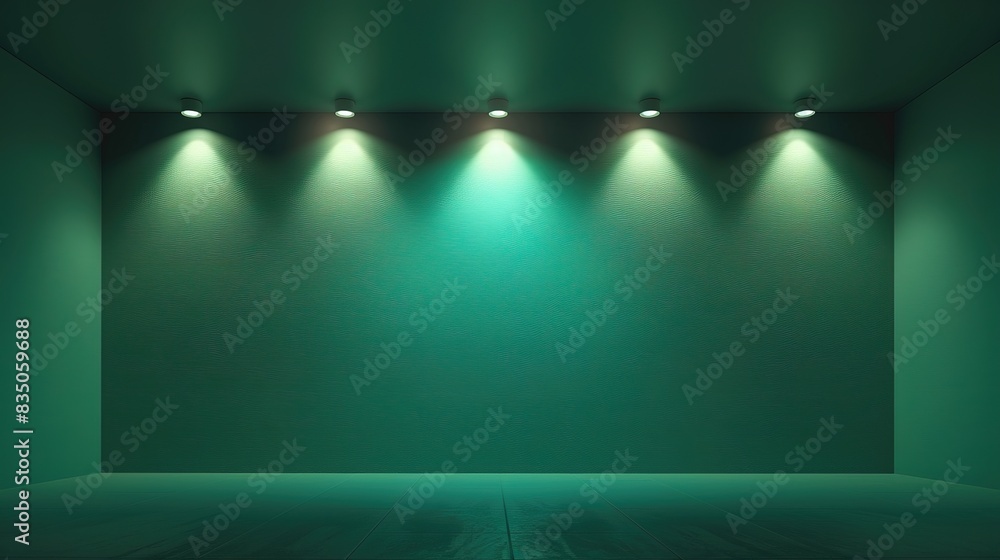Obraz premium Minimalist wall background, room backdrop, solid green color. lighbub lighting, night look 
