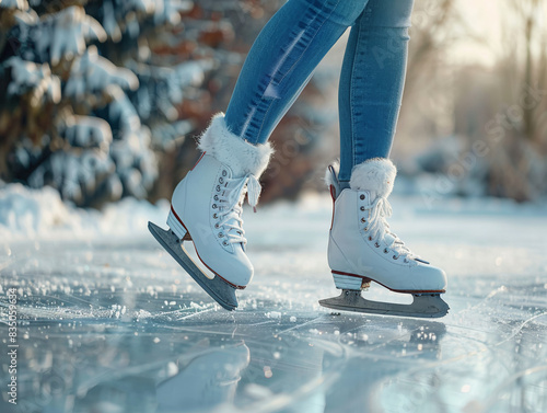 Legs of a beautiful girl skating on white skates