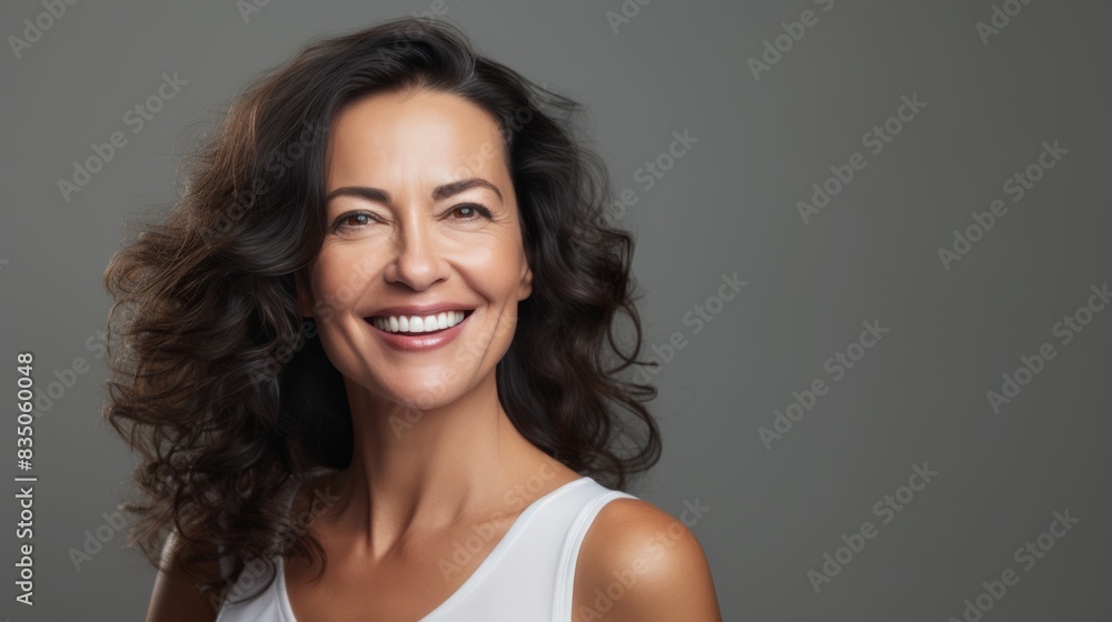 A beautiful Latina woman in her 50s smiles brightly against a grey backdrop A beautiful Latina woman in her 50s smiles brightly against a grey backdrop