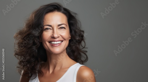 A beautiful Latina woman in her 50s smiles brightly against a grey backdrop