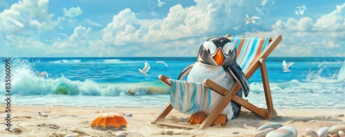 A pengiun relaxing on beach. The scene is peaceful and serene, with the penguin enjoying the water and the beautiful blue sky above photo