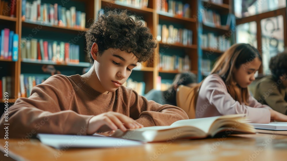 A student reading a book at their desk while other classmates are quietly engaged in their own reading or writing activities, with a bookshelf in the background, with copy space A student reading a book at their desk while other classmates are quietly engaged in their own reading or writing activities, with a bookshelf in the background, with copy space
