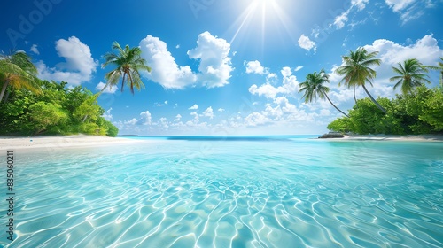 A refreshing tropical beach scene with crystal clear waters, white sandy shore, and lush palm trees under a bright blue sky, isolated on white background with copy space