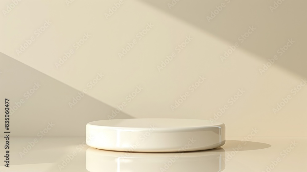 A simple round white platform rests on a glossy, reflective surface, lit by natural daylight casting soft shadows from an unseen window. A simple round white platform rests on a glossy, reflective surface, lit by natural daylight casting soft shadows from an unseen window.