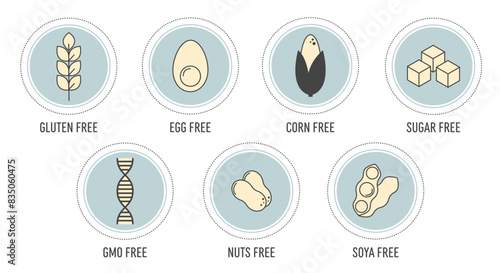 Set of ingredient warning label icons. Allergen icons. Gluten free,egg free, gmo free,corn free,nuts free, soya free,sugar free. Food intolerance. Flat vector illustration