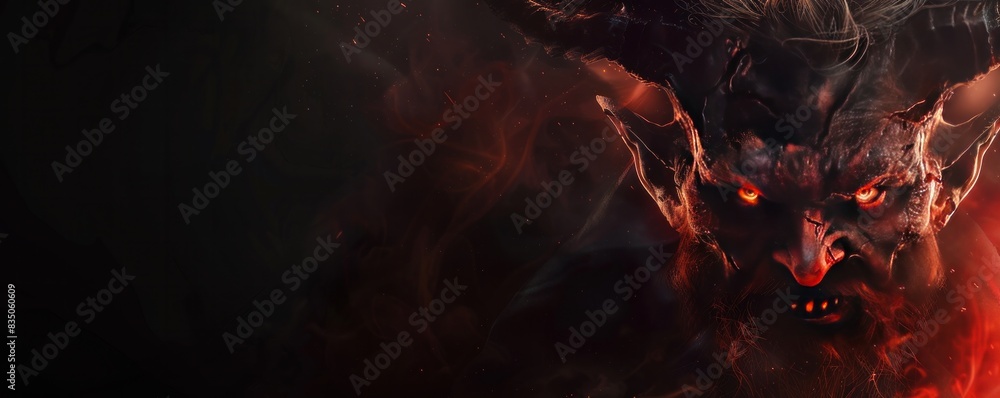 Fototapeta premium A demonic looking face with a red background. The face is surrounded by fire and smoke. The image is meant to evoke a sense of horror and fear