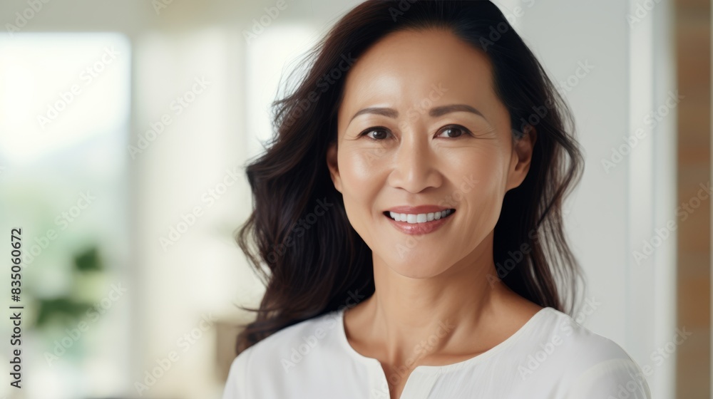 A portrait of a mature woman with beautiful skin, smiling in a bright room A portrait of a mature woman with beautiful skin, smiling in a bright room