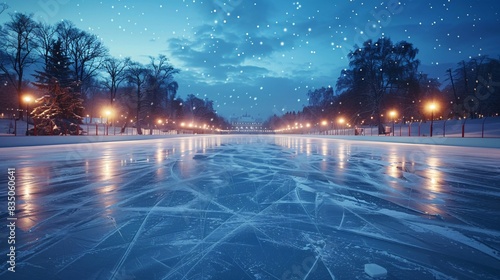 Winter Wonderland of a serene empty ice rink bathed in spotlight glow amidst a beautiful winter landscape, offering space for text © growth.ai