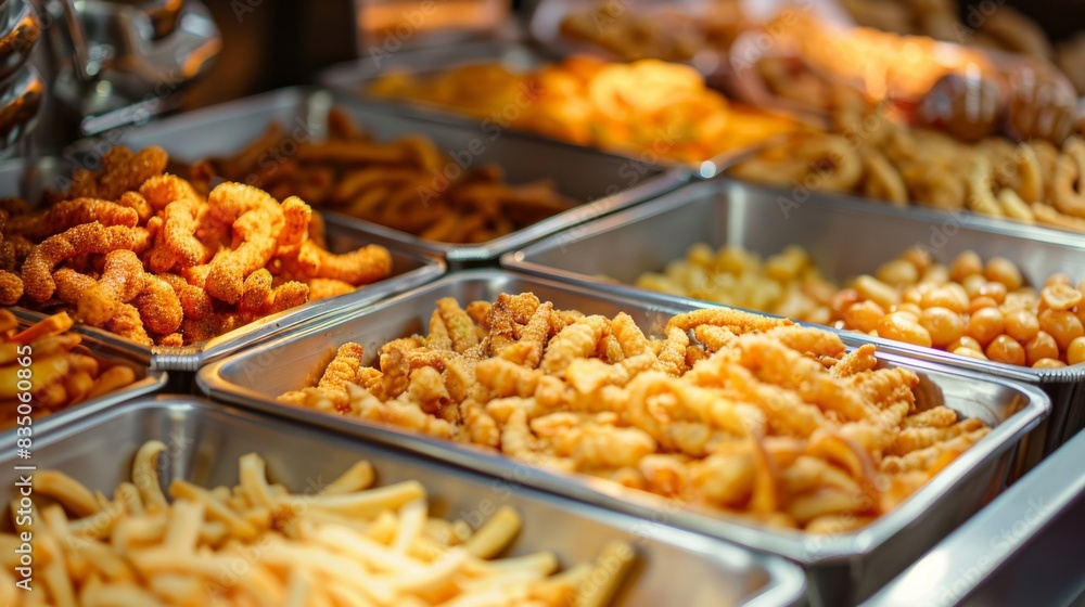 Obraz premium A variety of fried foods are displayed in a buffet line