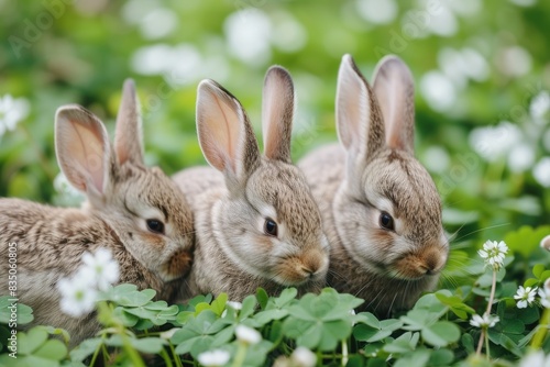 three rabbits are sitting in the grass together, Bunnies enjoying carrots in a field of clover © SaroStock