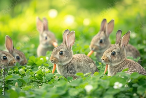 three rabbits are sitting in the grass together, Bunnies enjoying carrots in a field of clover © SaroStock