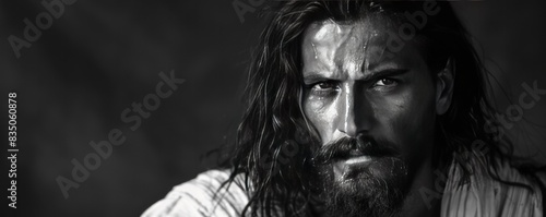 A Jesus Christ with long hair and a beard is staring at the camera. The image has a dark and moody atmosphere, with the man's expression suggesting a sense of mystery or contemplation
