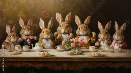 a group of rabbits sitting around a table, Bunnies having a tea party photo
