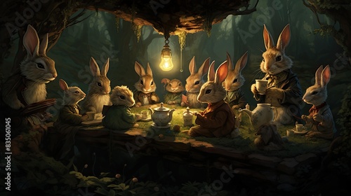 a group of rabbits sitting around a table, Bunnies having a tea party © SaroStock