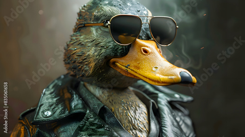 Duck wearing a leather jacket and sunglasses