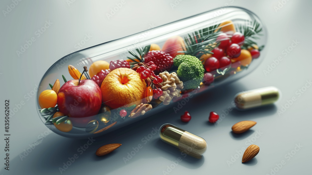 Health Concept Nutritional Supplements in Capsule Form with Fruits, Vegetables, Nuts Health Concept Nutritional Supplements in Capsule Form with Fruits, Vegetables, Nuts