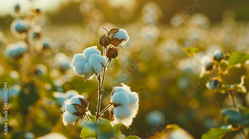 Cotton growing in a field, close-up photo at dawn