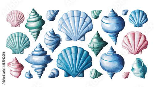 Watercolor Seashells Set, Isolated on White Background, Perfect for Marine, Ocean, and Coastal Design Projects	