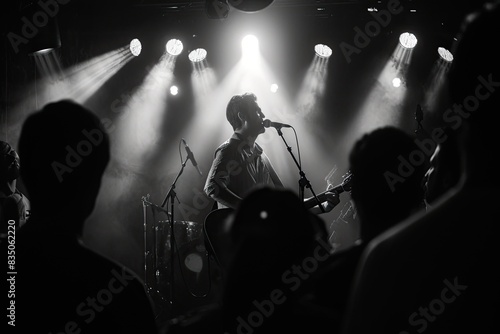 a man with a guitar and a microphone, Capture the raw emotions of a live music performance in low-light conditions © SaroStock