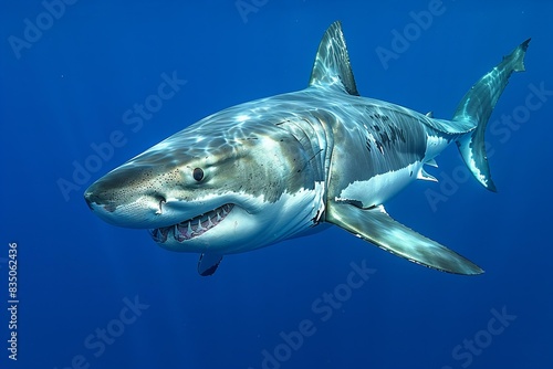Stunning portrait of a majestic great white shark, full body shot, perfect sharp teeth, swimming in the deep blue ocean.  © Picasso