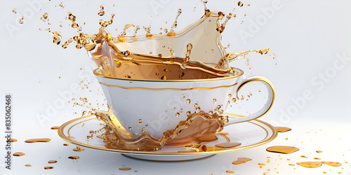 Cup of coffee with splashes and drops of milk, tea splash with tea beans and cup on white background