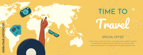 Time to travel banner.Top view of a girl looking for a new destination of next trip.Flat style vector illustration