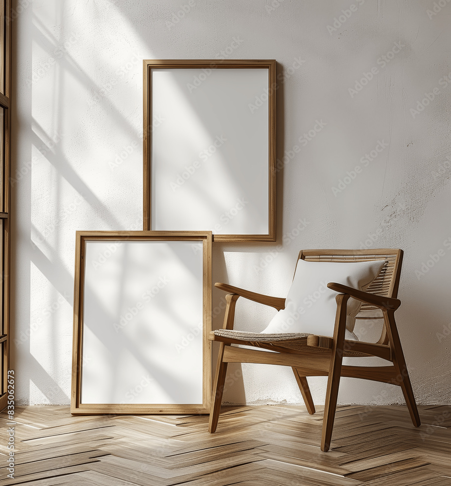 Minimalist Wooden Frame Leaning Against Wall with Empty Chair and Modern Furniture in Light Oak Parquet Flooring 3D Render Minimalist Wooden Frame Leaning Against Wall with Empty Chair and Modern Furniture in Light Oak Parquet Flooring 3D Render