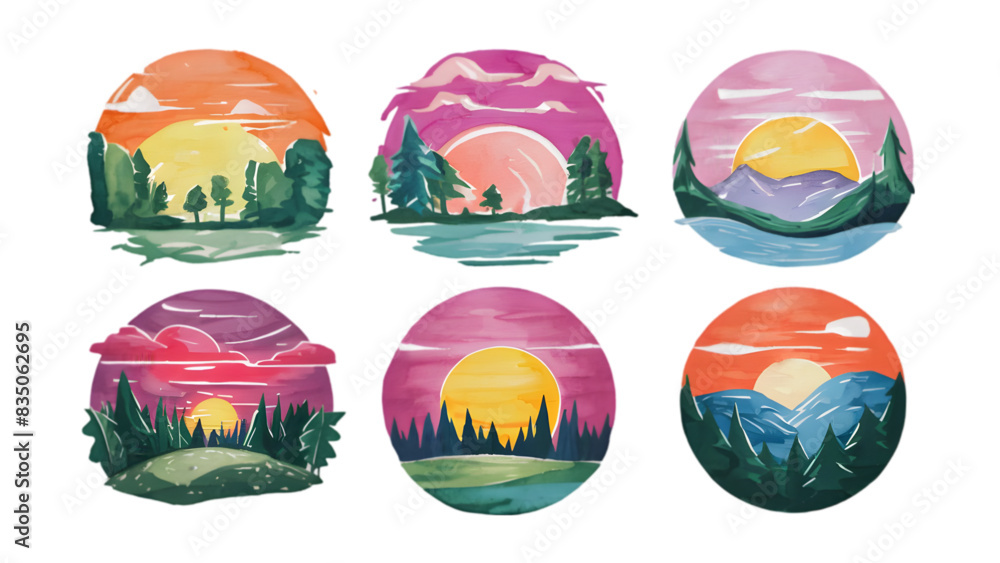Fototapeta premium Watercolor Sunset Set, Isolated on White Background, Ideal for Nature, Landscape, and Scenic Design Projects 