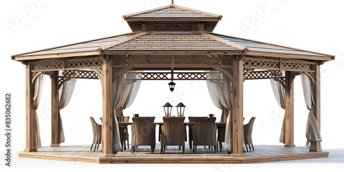 Rattan Garden Furniture Isolated Wooden gazebo and table  on White Background   3D Illustration   