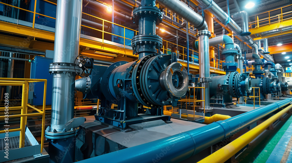 A series of large industrial pumps in a modern factory, with blue and yellow guide pipes. A series of large industrial pumps in a modern factory, with blue and yellow guide pipes.