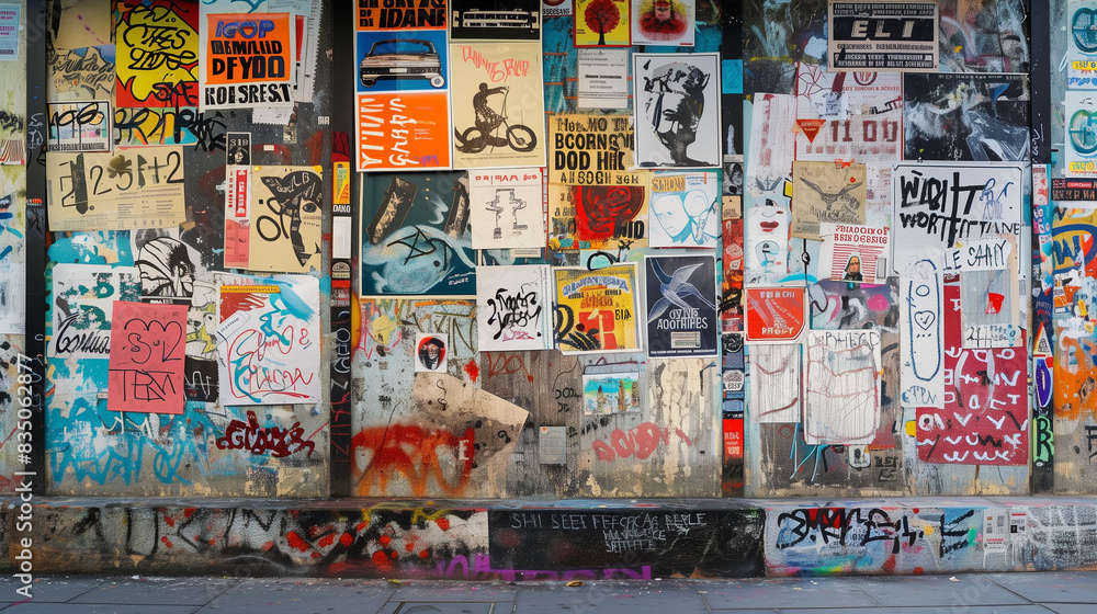 Fototapeta premium A city wall covered with a colorful array of posters, graffiti and stickers presenting a variety of patterns and messages.