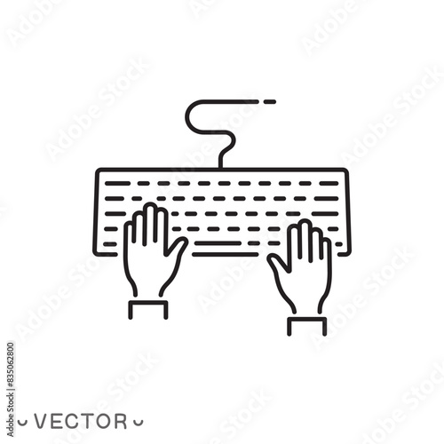 hands on keyboard icon, thin line symbol isolated on white background, editable stroke eps 10 vector illustration