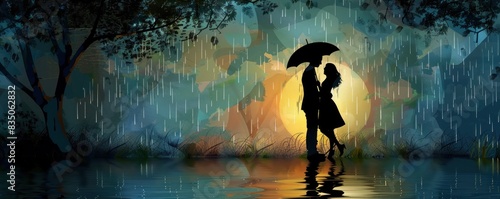 A couple is walking in the rain under an umbrella. The image has a romantic and intimate mood