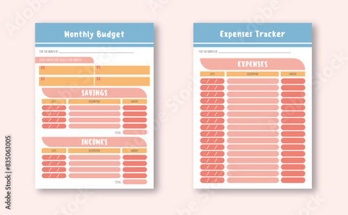 Monthly Budget and Expenses Tracker Template. Editable Finance Planner for Income, Savings, and Goals. Ideal for monthly finance planning, income, savings, and expense management.Vector illustration
