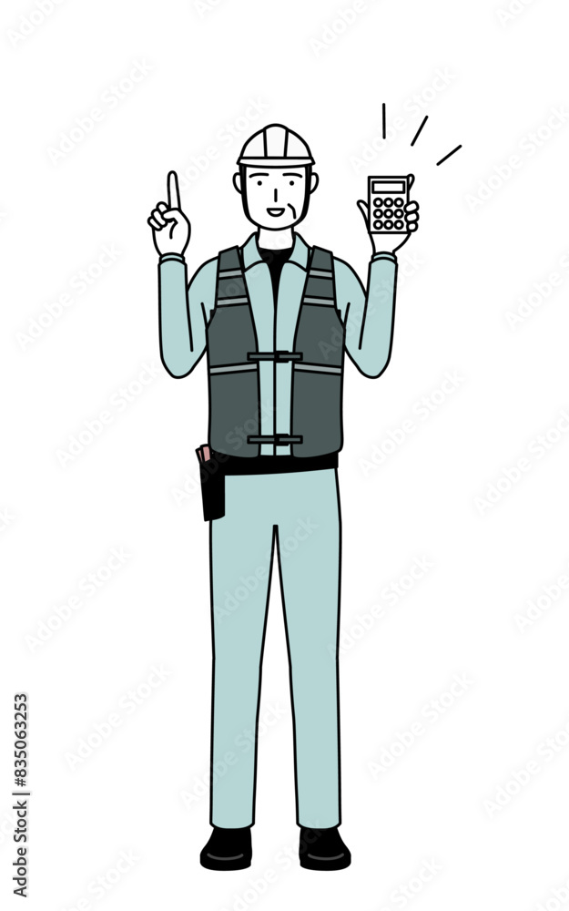 Senior male engineer in helmet and work wear holding a calculator and pointing. Senior male engineer in helmet and work wear holding a calculator and pointing.