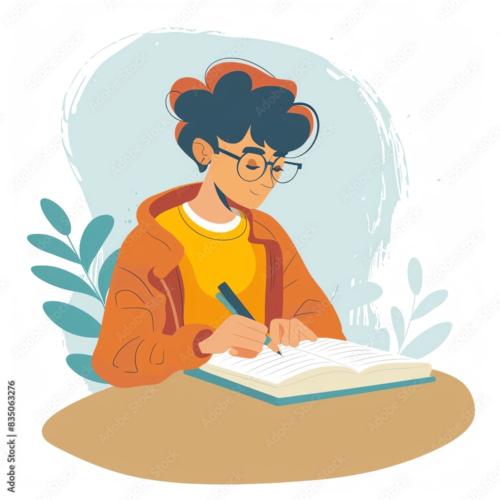 Illustration of a young person with glasses and curly hair sitting at a table, writing in a notebook, surrounded by plants. Illustration of a young person with glasses and curly hair sitting at a table, writing in a notebook, surrounded by plants.