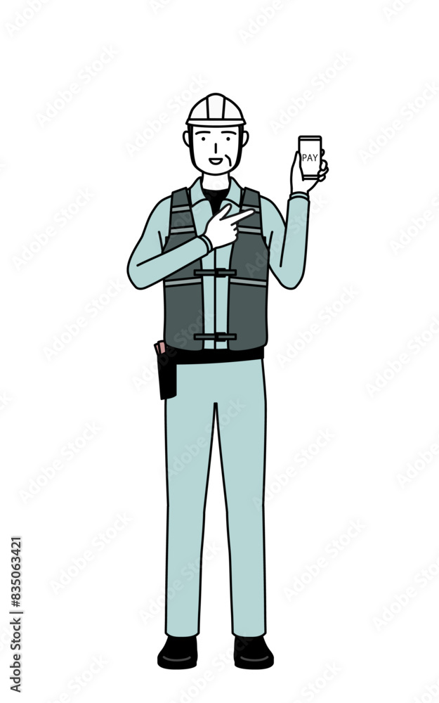 Senior male engineer in helmet and work wear recommending cashless online payments on a smartphone. Senior male engineer in helmet and work wear recommending cashless online payments on a smartphone.