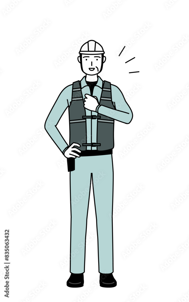 Senior male engineer in helmet and work wear tapping his chest. Senior male engineer in helmet and work wear tapping his chest.