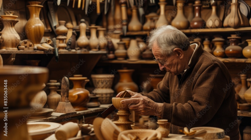 Elderly man crafting wooden items in a workshop filled with handmade wooden artifacts, showcasing traditional craftsmanship and artisan skills. Elderly man crafting wooden items in a workshop filled with handmade wooden artifacts, showcasing traditional craftsmanship and artisan skills.
